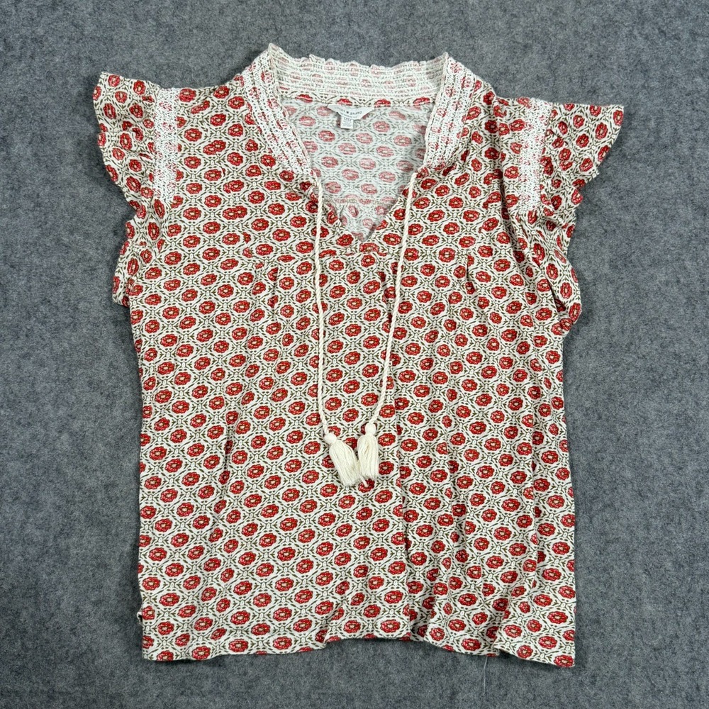 Lucky Brand White Printed‎ Tassel Tie Smocked Blouse Women's Size Medium